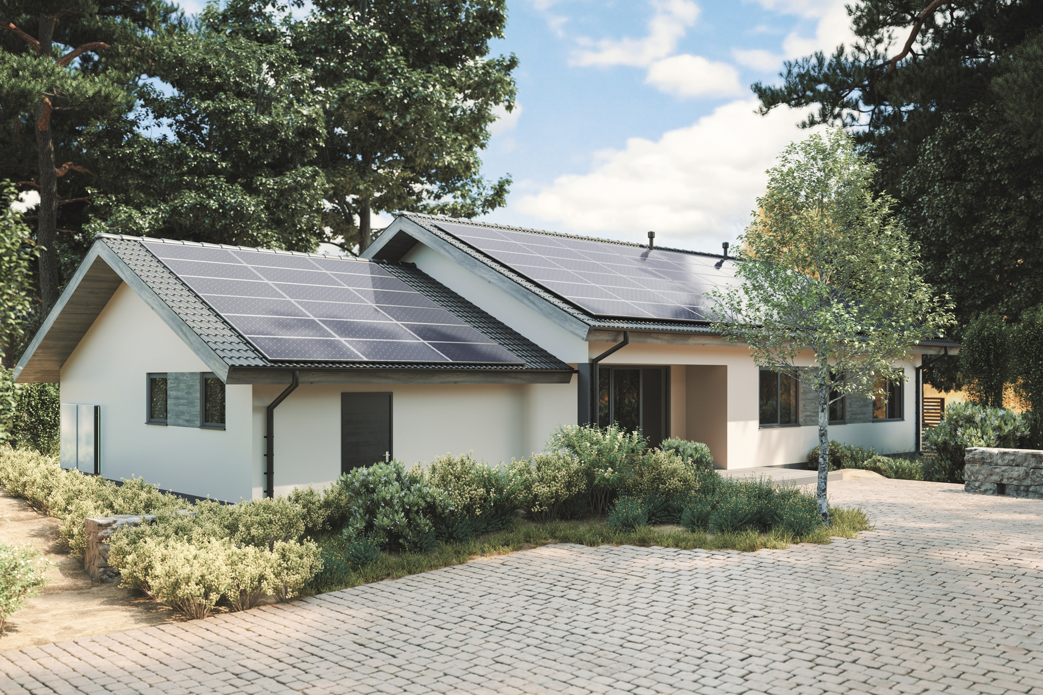 Casa con paneles solares en techo