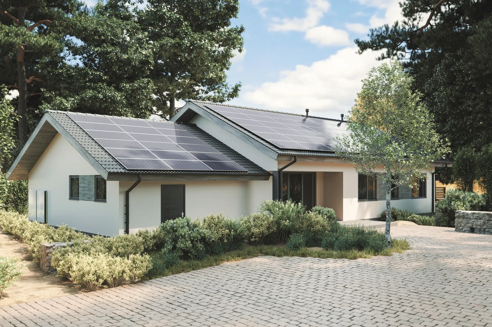 Casa con paneles solares en techo